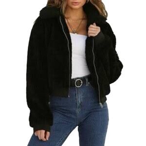 No Boundaries Black Faux Fur Soft Cropped Elastic Waist Bomber Jacket size M
